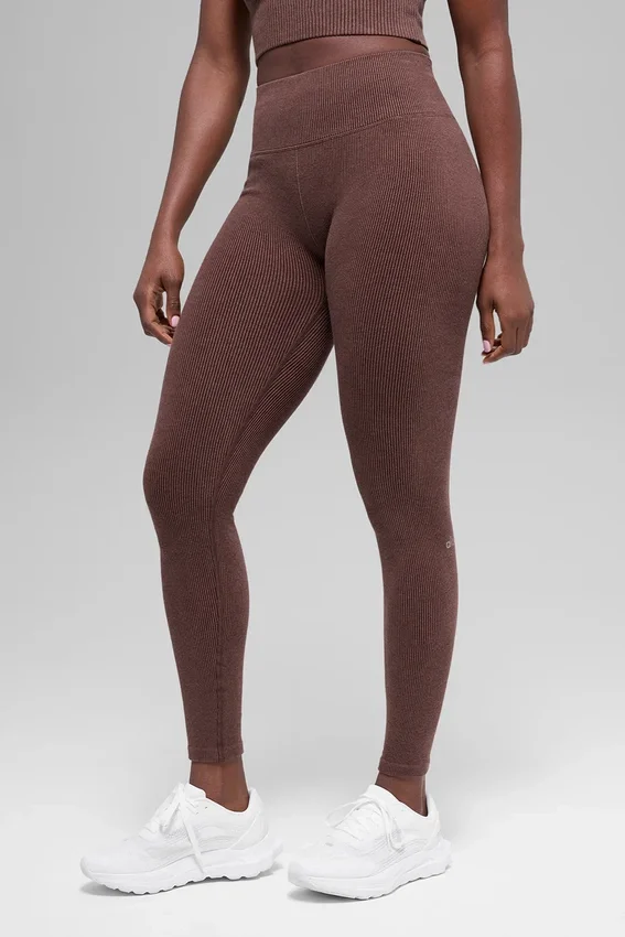 Sømløse High-Waist tights med tofarget ribbestrikk – Brownstone Heather