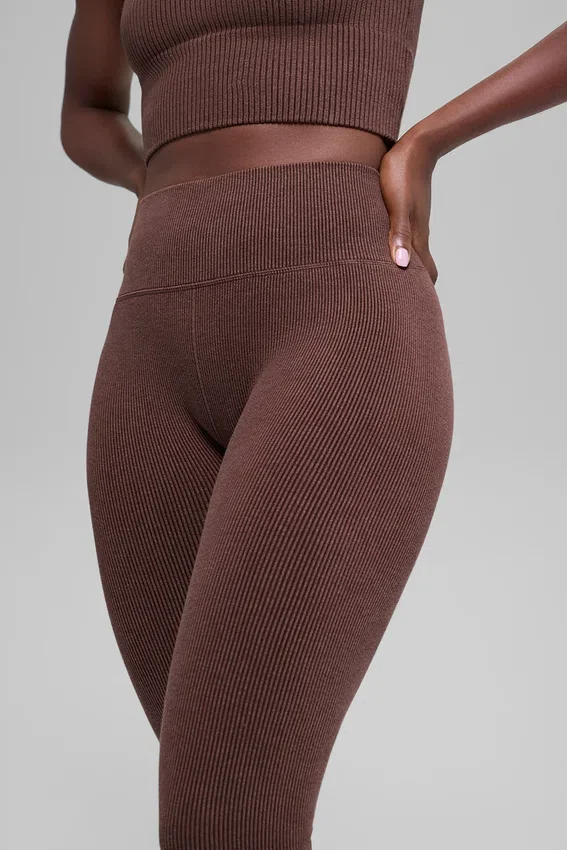 Sømløse High-Waist tights med tofarget ribbestrikk – Brownstone Heather