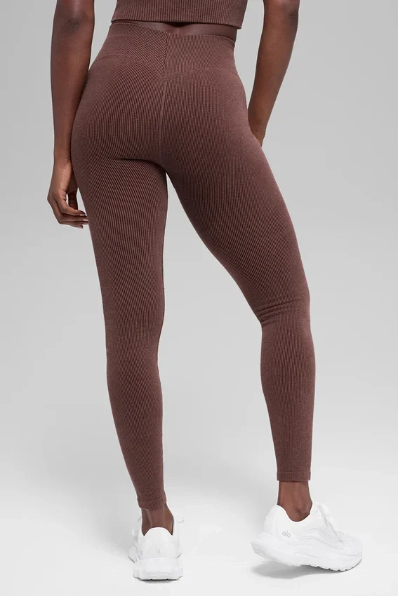 Sømløse High-Waist tights med tofarget ribbestrikk – Brownstone Heather
