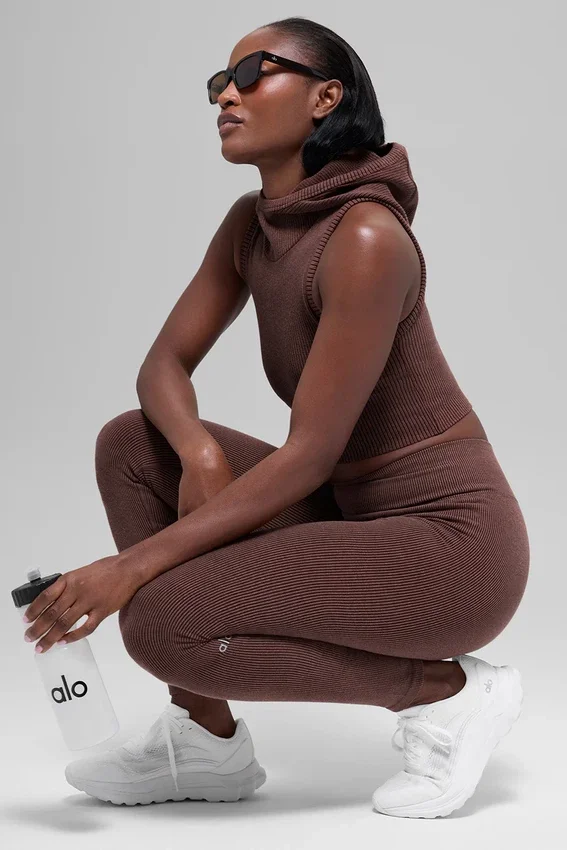 Sømløse High-Waist tights med tofarget ribbestrikk – Brownstone Heather