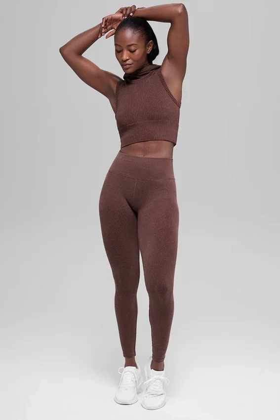Sømløse High-Waist tights med tofarget ribbestrikk – Brownstone Heather