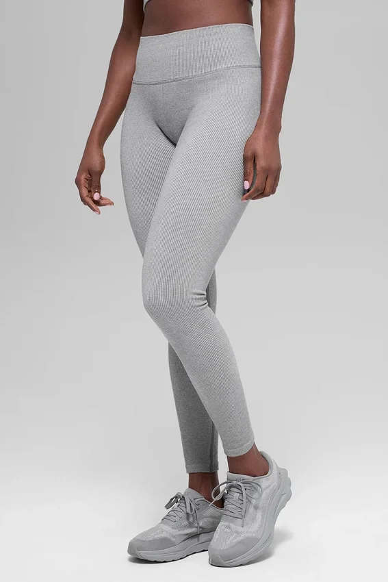 Sømløse High-Waist tights med tofarget ribbestrikk – Light Misty Grey Heather