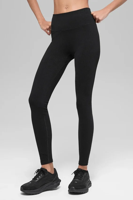 Sømløse High-Waist tights med tofarget ribbestrikk – svart