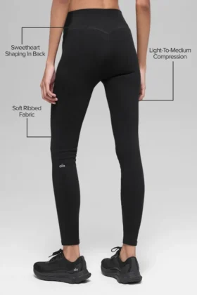 Sømløse High-Waist tights med tofarget ribbestrikk – svart