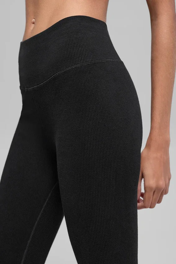 Sømløse High-Waist tights med tofarget ribbestrikk – svart