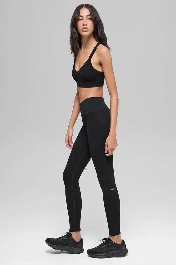 Sømløse High-Waist tights med tofarget ribbestrikk – svart