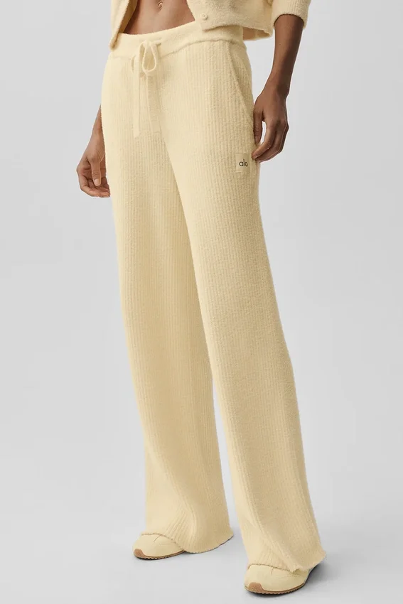 Snuggle up Strikkegenser-bukser med High-Waist og vide ben – Candlelight Yellow