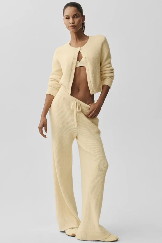 Snuggle up Strikkegenser-bukser med High-Waist og vide ben – Candlelight Yellow