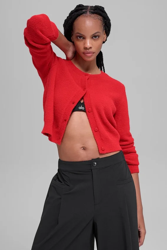Snuggle up-strikkegenser, kort cardigan – Bright Red