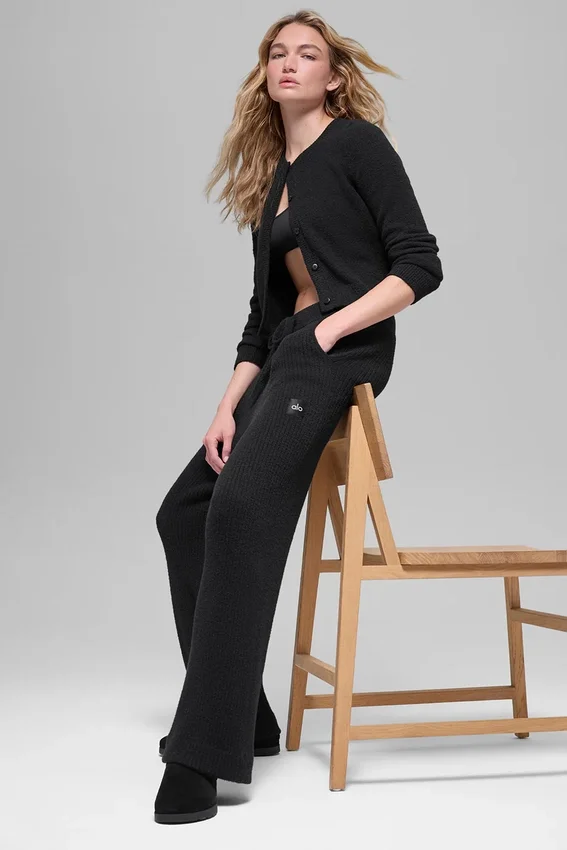 Snuggle up Strikkegensere High-Waist Wide Leg Bukser – Black