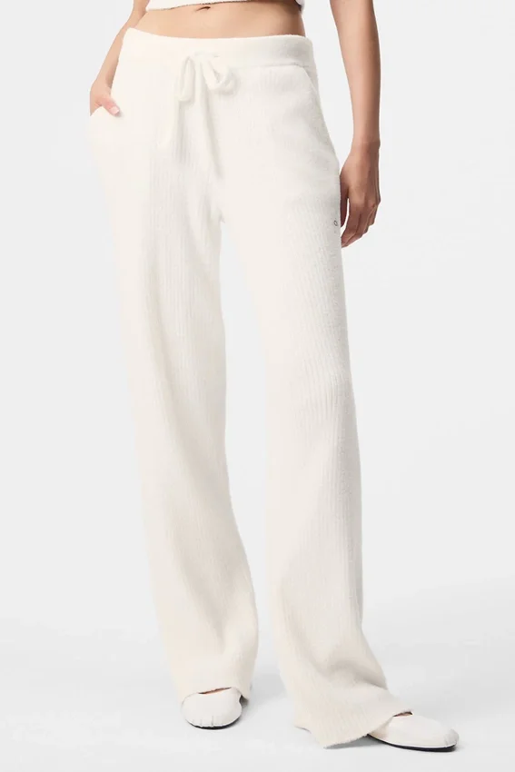 Snuggle up Strikkegensere High-Waist Wide Leg Bukser – Ivory