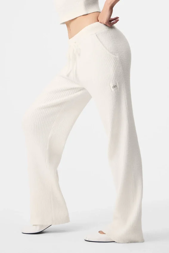 Snuggle up Strikkegensere High-Waist Wide Leg Bukser – Ivory