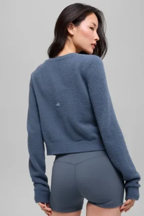 Snuggle up Strikkegensere kort cardigan – Bluestone
