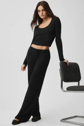Sweater Knit Mid-Rise Unwind Wide Leg Bukser – Black