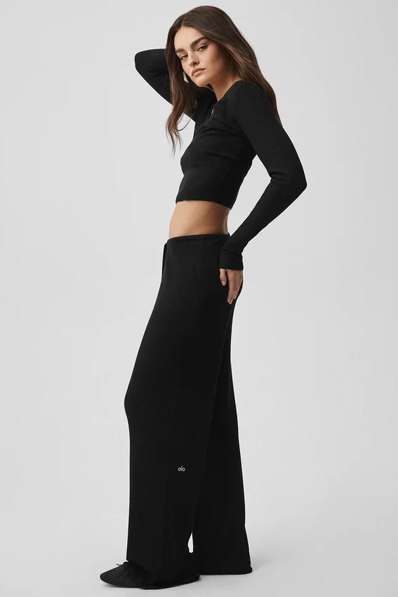 Sweater Knit Mid-Rise Unwind Wide Leg Bukser – Black