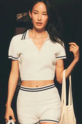 Tennis Club Strikkegenser Knit Cropped Polo – Elfenben/Marineblå