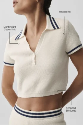 Tennis Club Strikkegenser Knit Cropped Polo – Elfenben/Marineblå