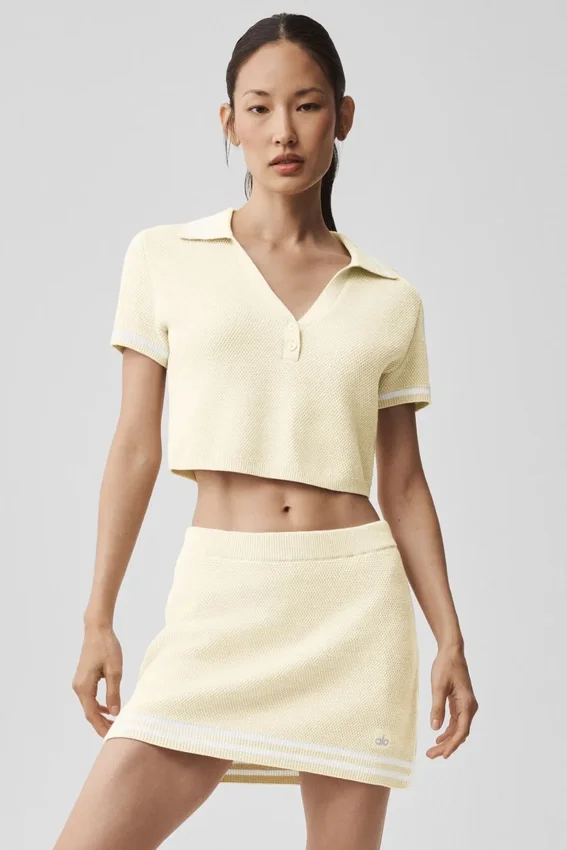 Tennis Club Strikkegenser Knit Cropped Polo – Oatmeal/White